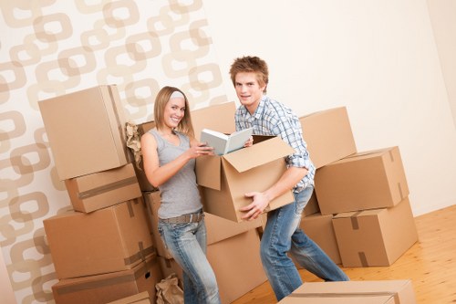Business equipment and boxes prepared for commercial move